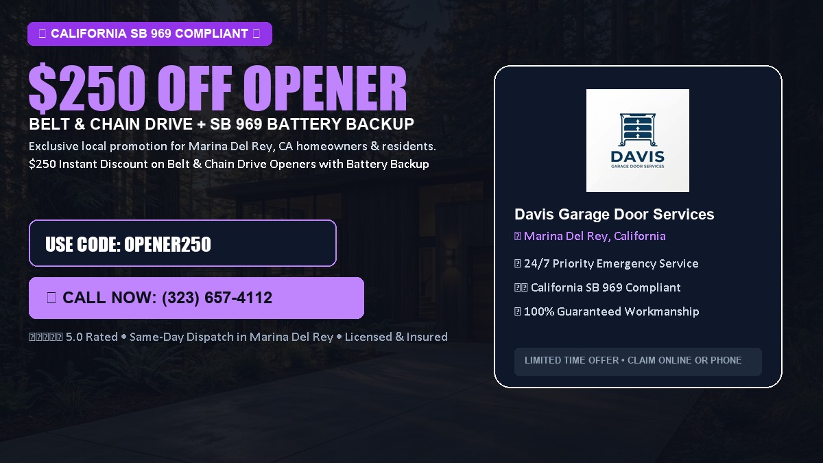 $250 OFF Smart Garage Door Opener Installation (Belt & Chain Drive with California SB 969 Battery Backup) in Marina Del Rey, CA